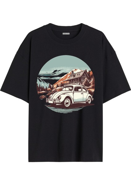 Arabalı Tshirt Ön Baskılı T-Shirt Bisiklet Yaka Siyah Unisex Tişört ARABA18