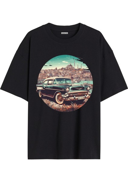 Arabalı Tshirt Ön Baskılı T-Shirt Bisiklet Yaka Siyah Unisex Tişört ARABA19
