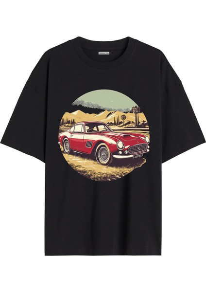 Arabalı Tshirt Ön Baskılı T-Shirt Bisiklet Yaka Siyah Unisex Tişört Araba2