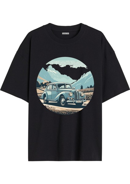Arabalı Tshirt Ön Baskılı T-Shirt Bisiklet Yaka Siyah Unisex Tişört Araba9