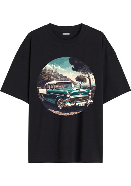 Arabalı Tshirt Ön Baskılı T-shirt Bisiklet Yaka Siyah Unisex Tişört Araba15