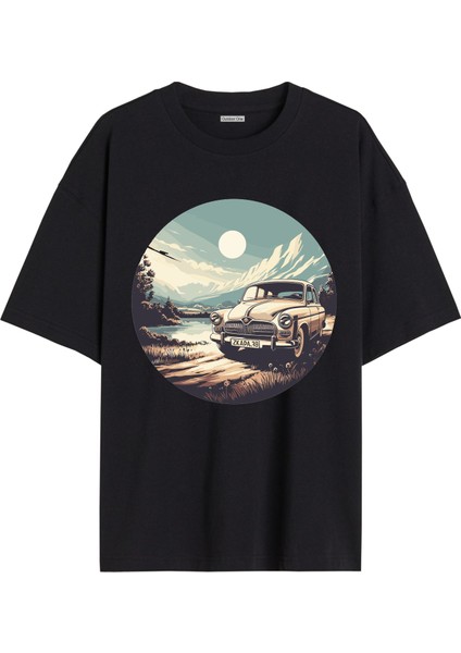 Arabalı Tshirt Ön Baskılı T-Shirt Bisiklet Yaka Siyah Unisex Tişört ARABA28