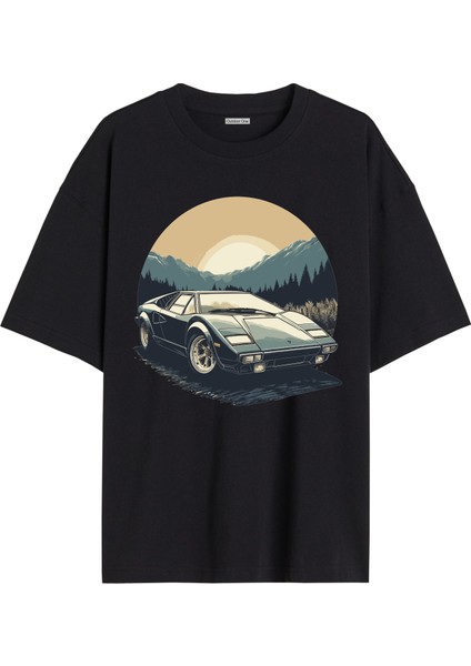 Arabalı Tshirt Ön Baskılı T-Shirt Bisiklet Yaka Siyah Unisex Tişört ARABA30
