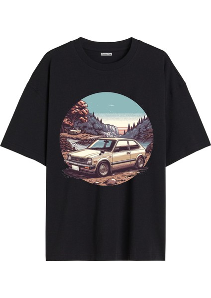 Arabalı Tshirt Ön Baskılı T-Shirt Bisiklet Yaka Siyah Unisex Tişört Araba8