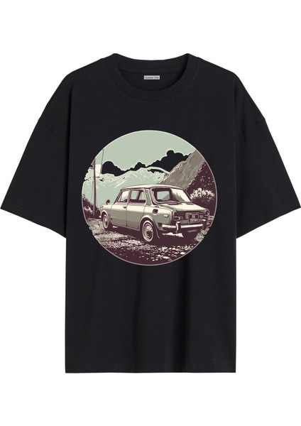 Arabalı Tshirt Ön Baskılı T-Shirt Bisiklet Yaka Siyah Unisex Tişört ARABA40