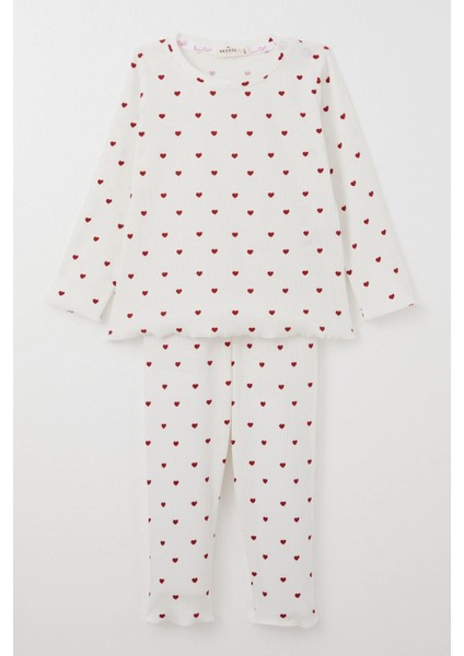 Kız Bebek Pijama Takımı Kalp Desenli 9 Ay-3 Yaş, Ekru