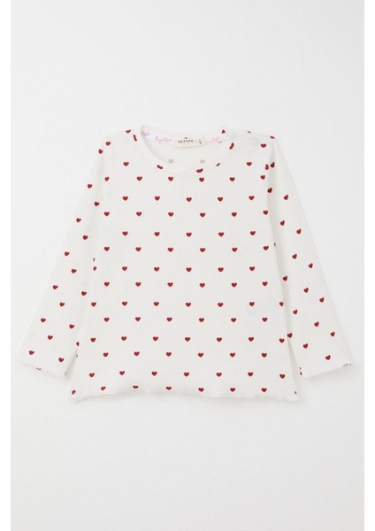 Kız Bebek Pijama Takımı Kalp Desenli 9 Ay-3 Yaş, Ekru