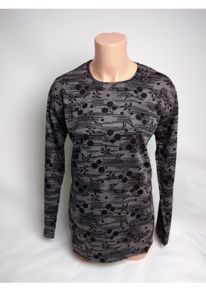 Kadın Kahverengi Desenli Bisiklet Yaka Uzun Kollu Yanları Yırtmaçlı Mevsimlik Lizy Anne Penye Tişört