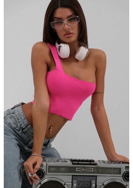 Tek Omuz Crop Fuşya Bluz