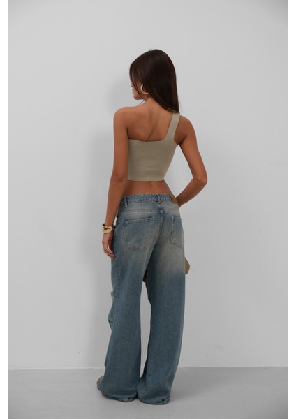 Tek Omuz Crop Bej Bluz indirimleri