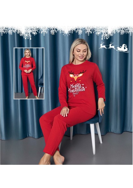 Almines Pijama Iki Iplik Yılbaşı Temalı Kırmızı Kadın Pijama Takımı