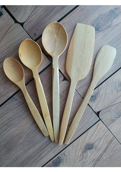 Trabzon Bölgesi El Yapımı Hakiki Şimşir Kaşık Spatula Seti 5'li Takım