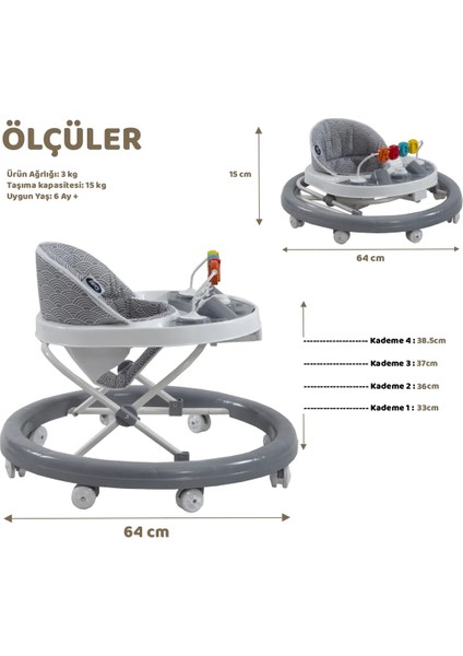 Alfa Yürüteç | Kornalı ve Öğretici | Ergonomik Minder Kahverengi Yürüteç