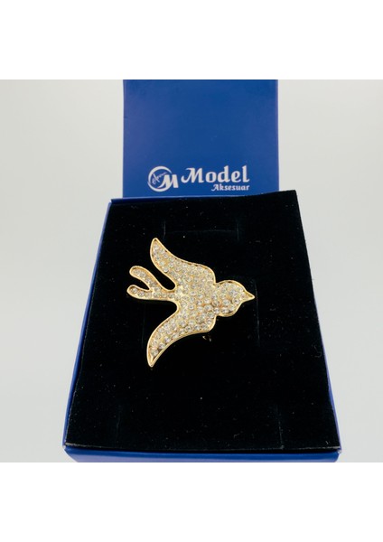 Kuş Kristal Taşlı Gold Broş
