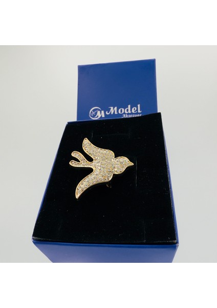 Kuş Kristal Taşlı Gold Broş modelleri