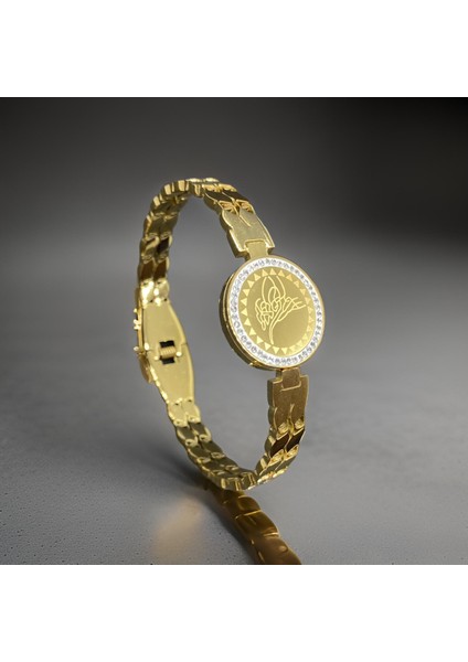 Gold Osmanlı Tuğra Detaylı Zirkon Taşlı Üstten Açılır 316 L Çelik Kelepçe Bileklik