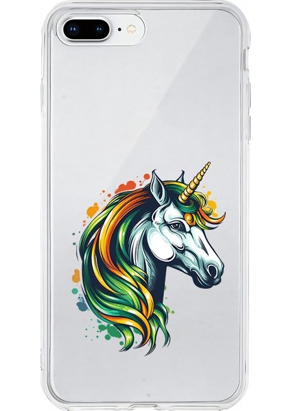 Apple Iphone 7 Plus Uyumlu Gökkuşağı Unicorn Desenli Silikon Kılıf