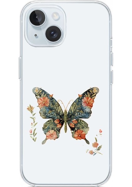 Apple Iphone 15 Uyumlu Çiçekli Kelebek Desenli Silikon Kılıf