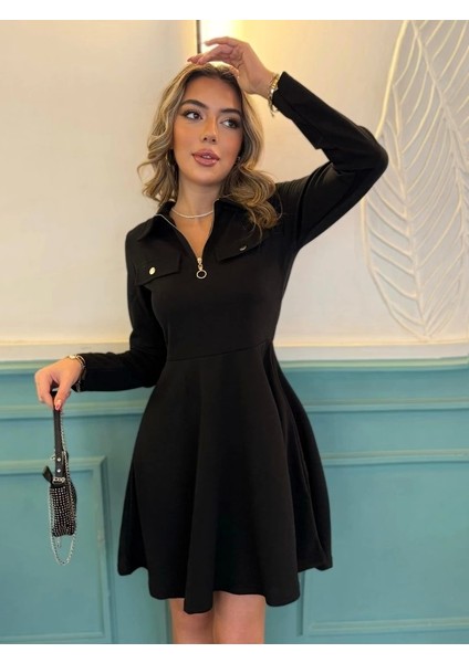 Kadın Uzun Kollu Yakalı Fermuarlı ve Cepli Kısa Ithal Krep Kısa Elbise