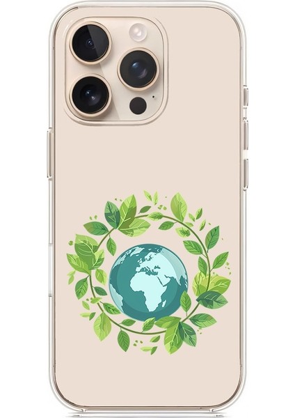 Apple Iphone 15 Pro Max Uyumlu Dünya ve Çiçek Çemberi Desenli Silikon Kılıf