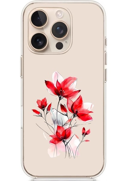 Apple Iphone 16 Pro Max Uyumlu Kırmızı Çiçek Desenli Silikon Kılıf