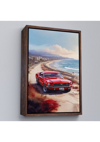 Çerçeveli Sahil Kenarındaki Kırmızı Mustang TABLO-7770