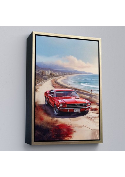 Çerçeveli Sahil Kenarındaki Kırmızı Mustang TABLO-7770 fiyatları