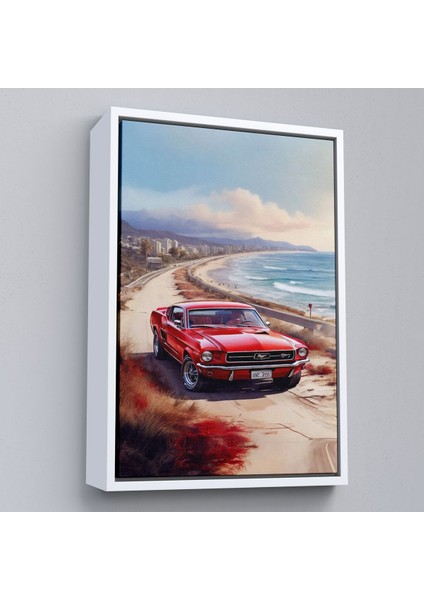 Çerçeveli Sahil Kenarındaki Kırmızı Mustang TABLO-7770 fırsatları