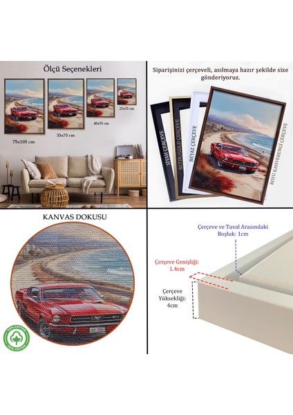 Çerçeveli Sahil Kenarındaki Kırmızı Mustang TABLO-7770 indirimleri