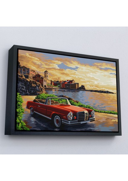 Çerçeveli Sahildeki Kırmızı Klasik Otomobil TABLOSU-7201