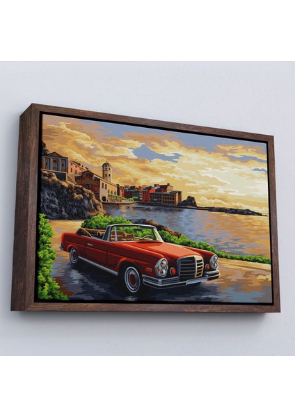 Çerçeveli Sahildeki Kırmızı Klasik Otomobil TABLOSU-7201 fiyatları