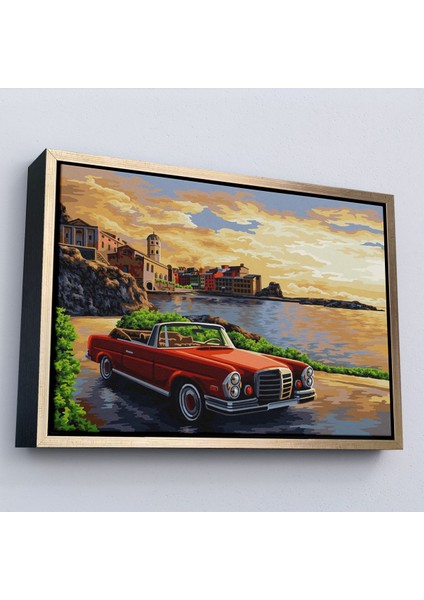 Çerçeveli Sahildeki Kırmızı Klasik Otomobil TABLOSU-7201 modelleri