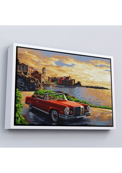 Çerçeveli Sahildeki Kırmızı Klasik Otomobil TABLOSU-7201 fırsatları