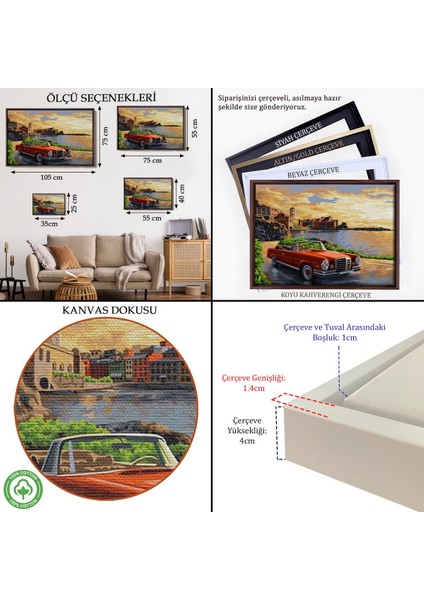 Çerçeveli Sahildeki Kırmızı Klasik Otomobil TABLOSU-7201 indirimleri