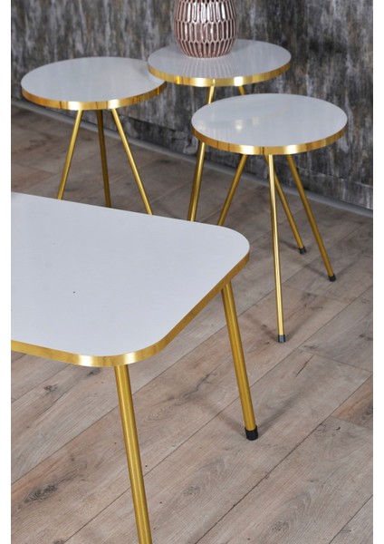 Zigon Sehpa ve Orta Sehpa Kr Gold Metal Ayak Gold Beyaz Set