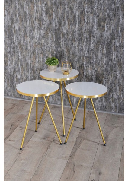 Zigon Sehpa ve Orta Sehpa Kr Gold Metal Ayak Gold Beyaz Set