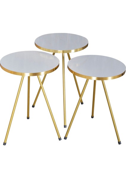 Zigon Sehpa ve Orta Sehpa Kr Gold Metal Ayak Gold Beyaz Set