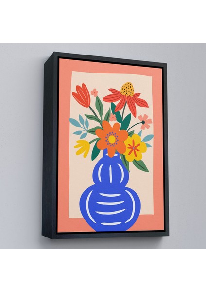 Çerçeveli Minimalist Çiçek Mavi Vazoda Renkli Buket TABLOSU-7666