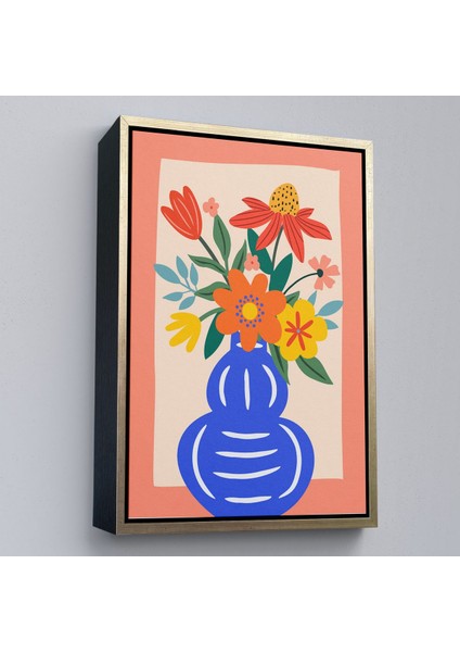 Çerçeveli Minimalist Çiçek Mavi Vazoda Renkli Buket TABLOSU-7666 modelleri