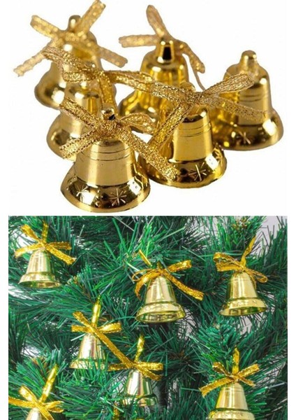 6'lı Çan Süs, 4cm, Altın Sarısı, Kurdeleli, Yılbaşı Çam Ağacı Dekoru