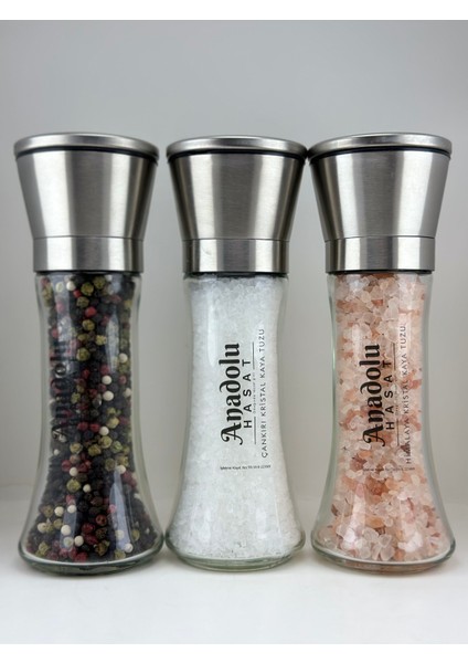 3'lü Set Metal Başlıklı Karabiber Cam Değirmen Öğütücü Seramik 200GR