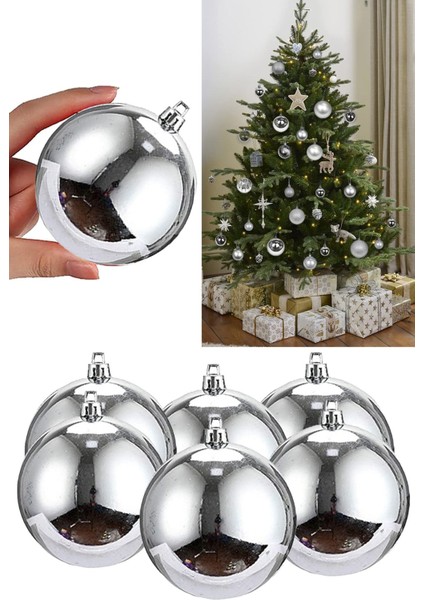 6 Adet Büyük Boy Gümüş Gri Yılbaşı Çam Ağaçı Süsü Yeni Yıl Noel Dekor Parlak Cici Top Süs 6cm