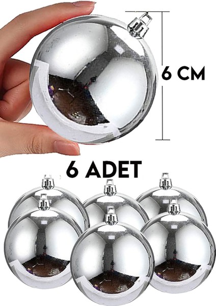 6 Adet Büyük Boy Gümüş Gri Yılbaşı Çam Ağaçı Süsü Yeni Yıl Noel Dekor Parlak Cici Top Süs 6cm modelleri
