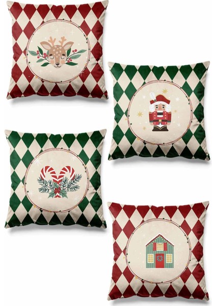 Çift Taraflı Baskılı Kırmızı Süet Kırlent Kılıfı 4'lü Set Yılbaşı ve Noel Temalı