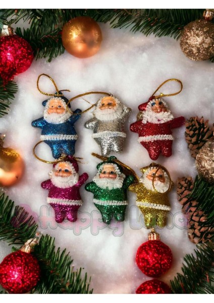 Yılbaşı Çam Ağacı Süsü 4 cm 6 Ader Renkli Noel Baba Süs Simli Yılbaşı Noel Baba Süs Renkli