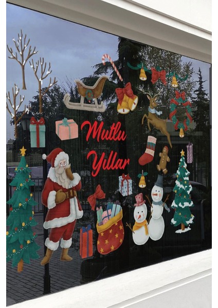 26 Parça Yeniyıl Yılbaşı Ağaçlı Çift Yönlü Şeffaf Noel Baba Yılbaşı Sticker Çıkartma Seti