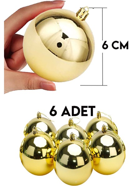 6 Adet Büyük Boy Gold Yılbaşı Çam Ağaçı Süsü Yeni Yıl Noel Dekor Parlak Cici Top Süs 6cm