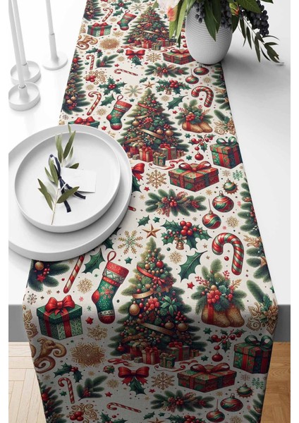 Kırmızı Noel Temalı Süet Dokuma Runner 140x40 cm Dekorasyon
