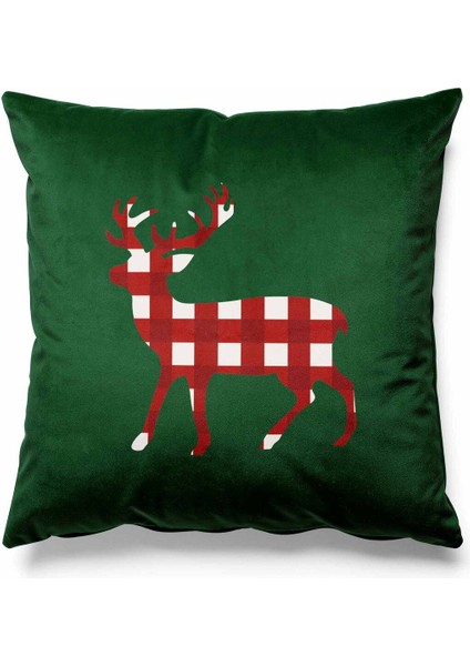 Yeşil Zeminde Dama Geyik Desenli Çift Taraflı Süet Kırlent Kılıfı