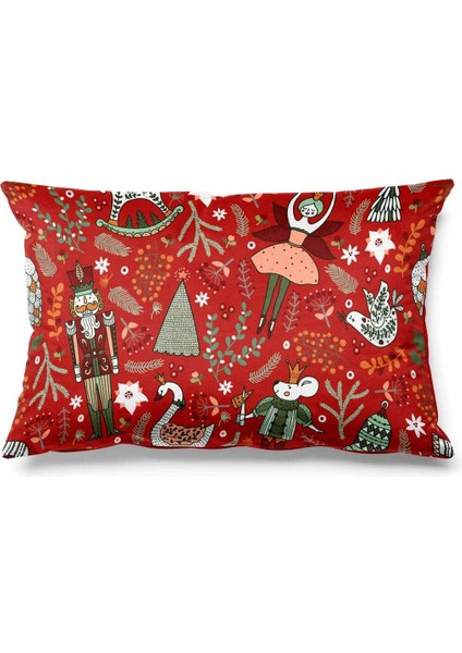 Kış Temalı Çift Taraflı Süet Kırlent Kılıfı, Noel ve Yılbaşı Dekorasyonu, Kırmızı